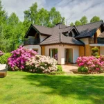 Landscaped front yard with blooming rhododendrons and brick house
