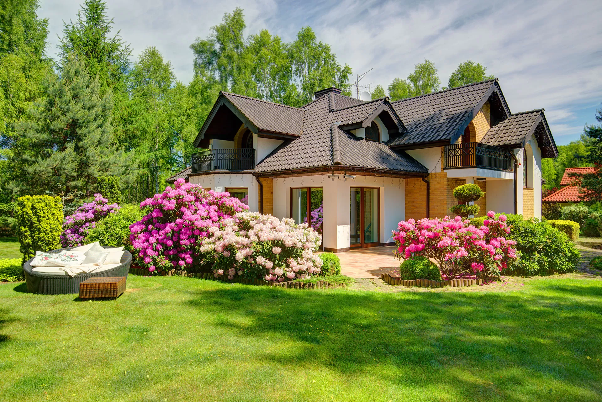 Landscaped front yard with blooming rhododendrons and brick house