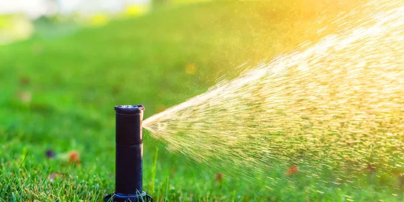 Sprinkler head watering green lawn at sunset