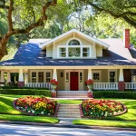 Charming cottage home with lush lawn and flower beds