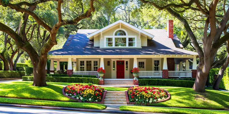 Charming cottage home with lush lawn and flower beds