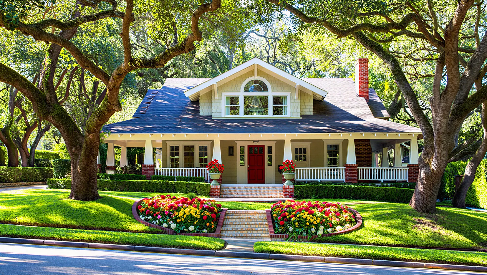 Charming cottage home with lush lawn and flower beds