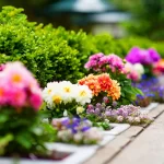 Colorful garden flower bed lining a stone edged walkway